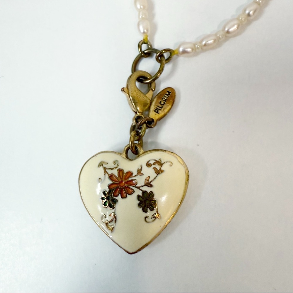 Pilgrim Enamel Heart Pearl Long Necklace Cream